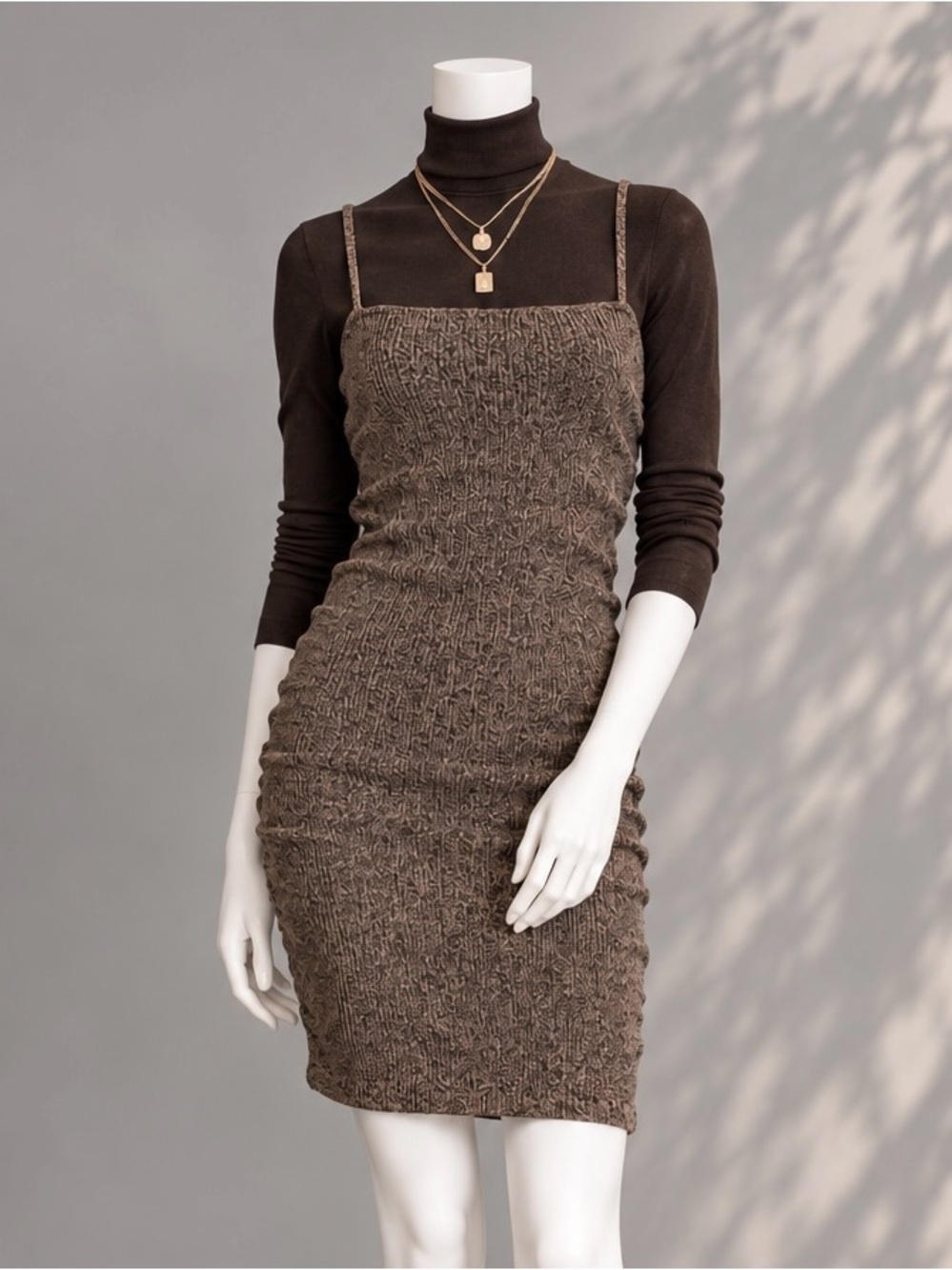 Ganni Ruched Minimalist Dress S Brown Ribbed Knit Stretch Body-con Sheath